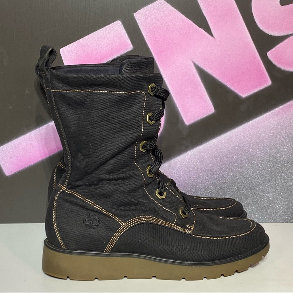 Timberland Black Canvas Tall Lace Up Combat Moto Boots